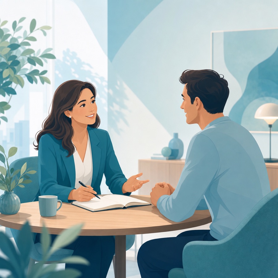Asesora de The Mind Credit conversando en español con un cliente durante una consultoría gratuita